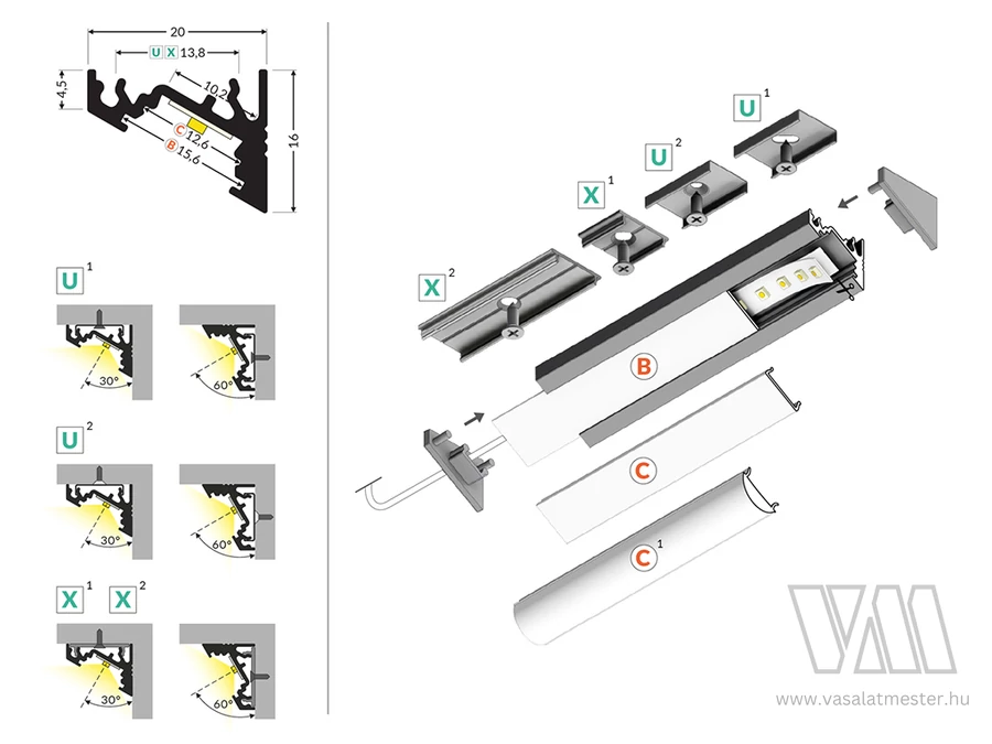 StrongLumio LED profil Corner 10 fekete alu 2000mm