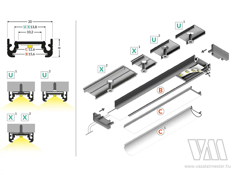 StrongLumio LED profil Surface 10 fehér alu 4050mm