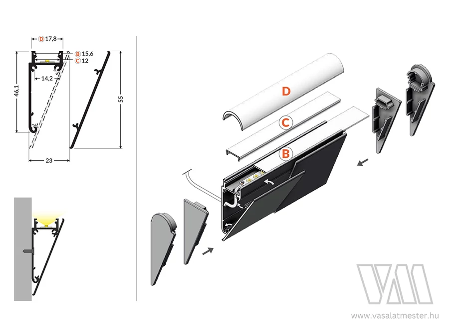 StrongLumio profil LED WALLE takaró profil eloxálva 4050mm