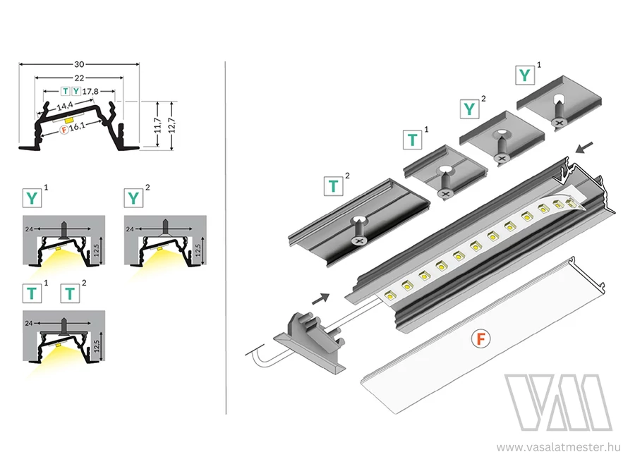 TM-profil LED Diagonal 14 alu fekete 1000mm
