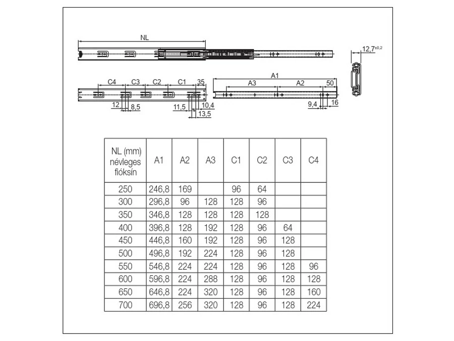 GOLYÓS FIÓKCSÚSZÓ HOME BOX HB45 BASIC 45mm TELJESEN KIHÚZHATÓ 250mm TEHERB.:25kg ACÉL