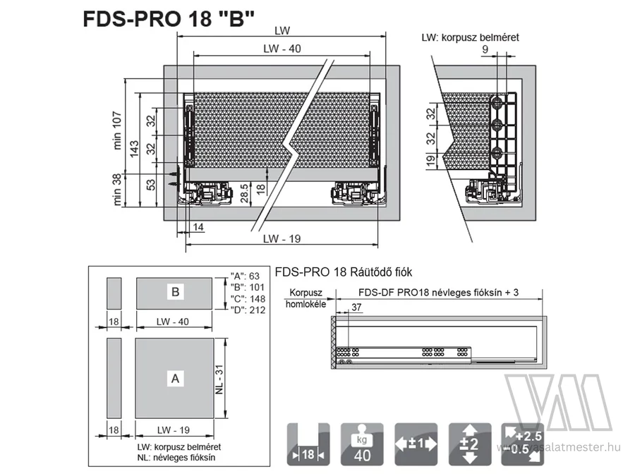 FDS-PRO 18 dupla falú fém fiókoldal, Push Open, H126, 35kg, antracit színben