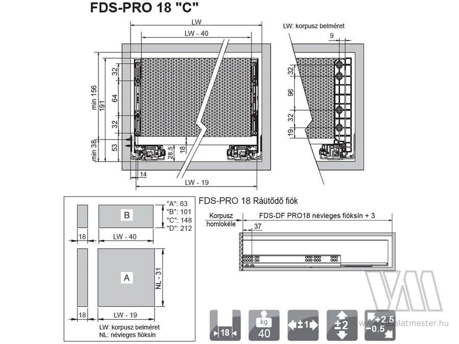 FDS DUPLAFALÚ FÉM FIÓKOLDAL FDS-PRO 18 PO C PUSH OPEN 500mm H174 35kg ANTRACIT