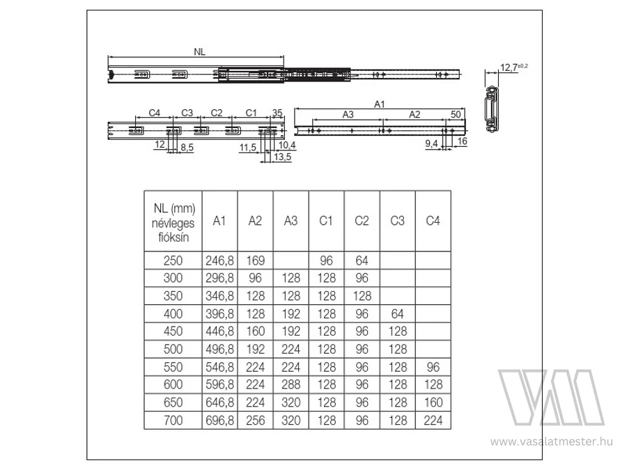 GOLYÓS FIÓKCSÚSZÓ HOME BOX HB45 X 45mm TELJESEN KIHÚZHATÓ 400mm TEHERB.:30kg ACÉL